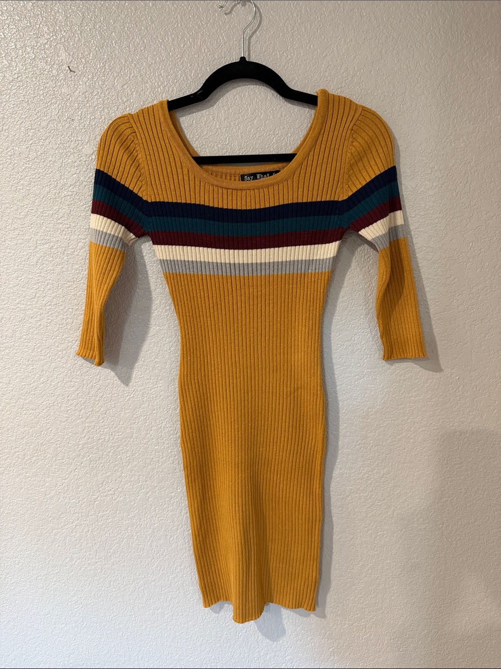 Say What? Mustard Ribbed Long Sleeve Dress with Multicolor Stripes
